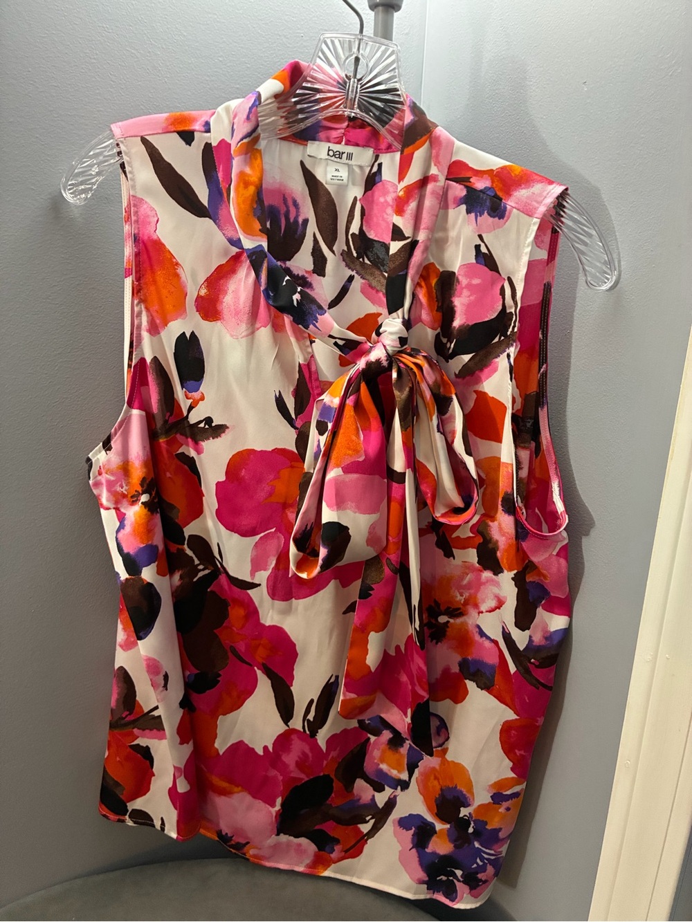 Bar III Pink Orange Floral Tie-Neck Sleeveless Top
